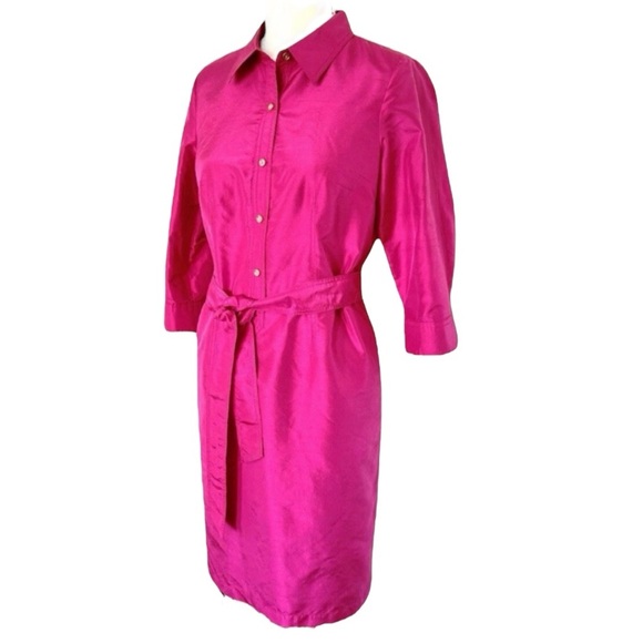 Talbots Fuchsia Pink 100% Silk Shirt Dress 16 – Belted Button Front - Picture 3 of 9
